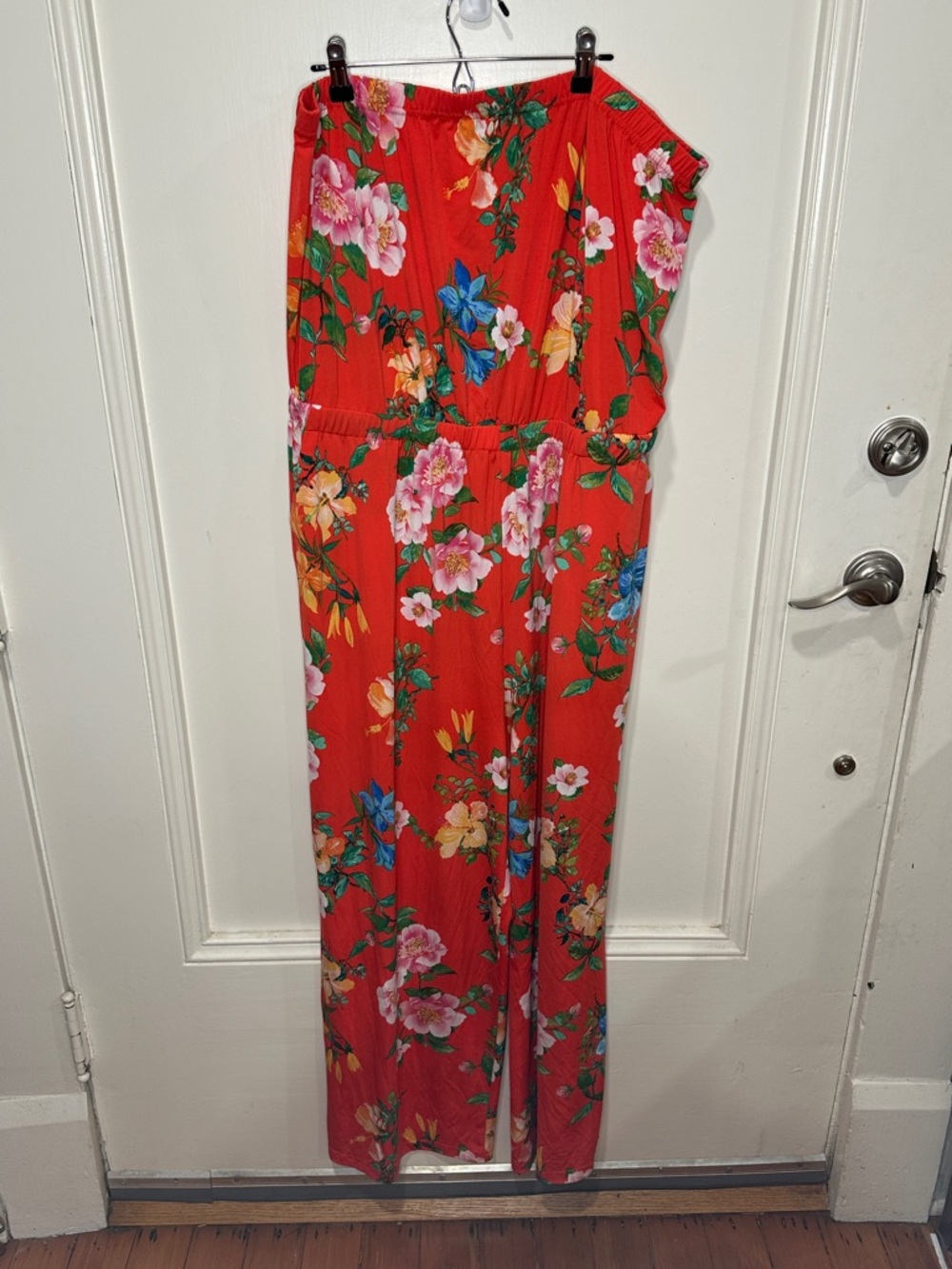G.I.L.I. Red Floral Strapless Wide-Leg Jumpsuit with Multicolor Blossoms